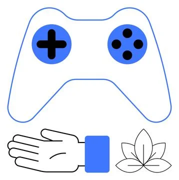 Gaming Controller with Helping Hand and Organic Leaf Elements in Minimalist.. Stock Illustration