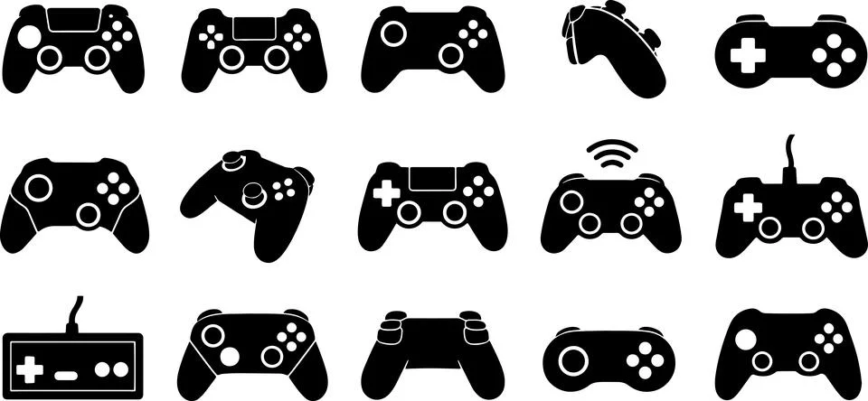 Gaming controller icons set black silhouettes for console video game play a.. Stock Illustration