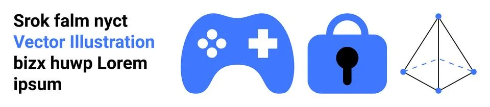 Gaming controller, lock icon, and a 3D geometric shape in blue. Ideal for tec Stock Illustration