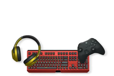 Gaming controller, RGB keyboard and headphones displayed in flat lay style Stock Illustration