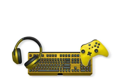 Gaming controller, RGB keyboard and headphones displayed in flat lay style is Stock Illustration