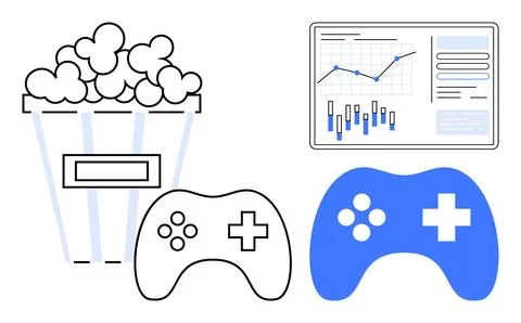 Gaming controllers alongside a box of popcorn and a data analytics dashboard  Stock Illustration