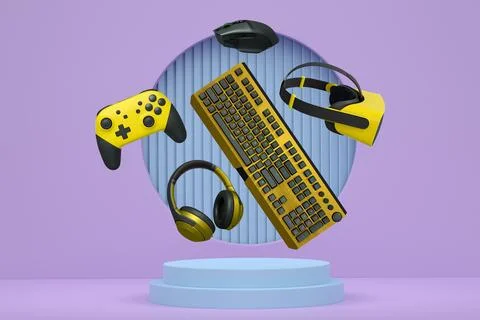 Gaming controllers, keyboard, headset, VR gear, and mouse floating above podi Stock Illustration