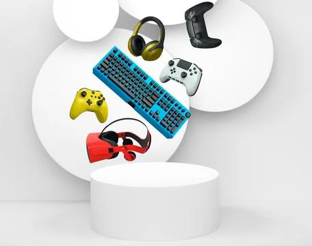 Gaming controllers, keyboard, headset, VR gear, and mouse floating above podi Stock Illustration