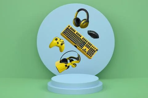 Gaming controllers, keyboard, headset, VR gear, and mouse floating above podium Stock Illustration