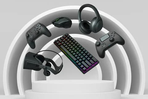 Gaming controllers, keyboard, headset, VR gear, and mouse floating above podium Illustrazione stock