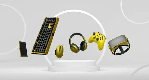 Gaming controllers, keyboard, headset, VR gear, and mouse floating above podium Stock Illustration