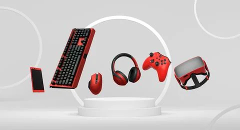 Gaming controllers, keyboard, headset, VR gear, and mouse floating above podium Illustrazione stock