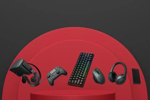 Gaming controllers, keyboard, headset, VR gear, and mouse floating above podium Stock Illustration