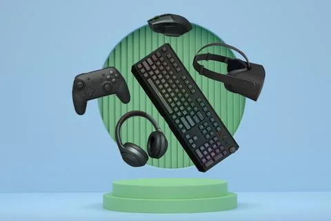 Gaming controllers, keyboard, headset, VR gear, and mouse floating above podium Illustrazione stock