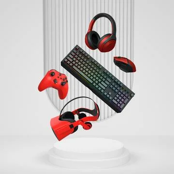 Gaming controllers, keyboard, headset, VR gear, and mouse floating above podium 스톡 일러스트