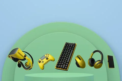 Gaming controllers, keyboard, headset, VR gear, and mouse floating above podium Illustrazione stock