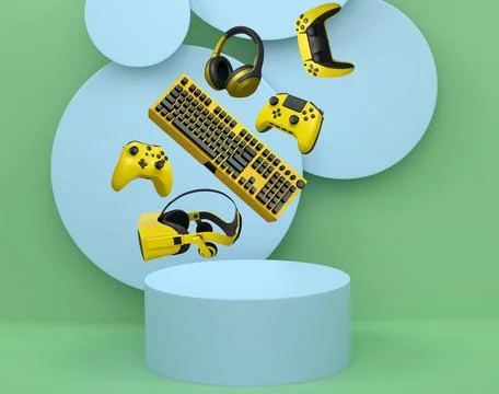 Gaming controllers, keyboard, headset, VR gear, and mouse floating above podium Stock Illustration
