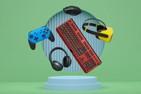 Gaming controllers, keyboard, headset, VR gear, and mouse floating above podium Illustrazione stock