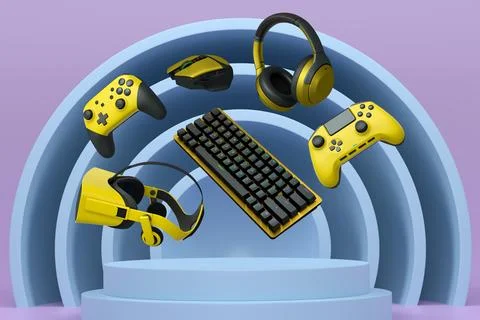 Gaming controllers, keyboard, headset, VR gear, and mouse floating above podi Stock Illustration