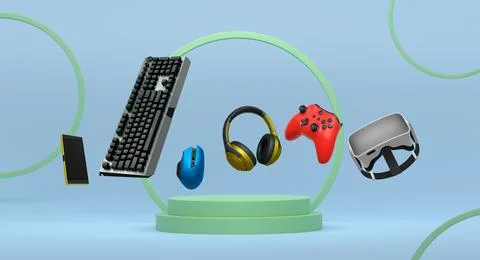 Gaming controllers, keyboard, headset, VR gear, and mouse floating above po.. Stock Illustration