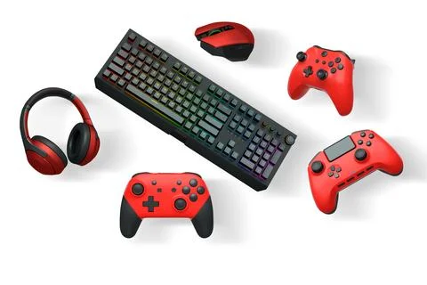 Gaming controllers, mechanical keyboard, mouse, and headset isolated on white Stock Illustration