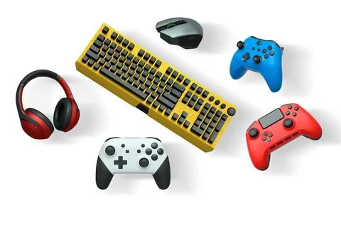 Gaming controllers, mechanical keyboard, mouse, and headset isolated on white Stock Illustration
