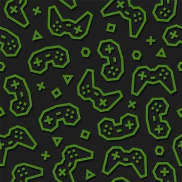 Gaming Controllers seamless pattern. Green on dark background Stock Illustration