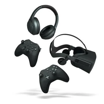 Gaming controllers, VR headset, and headphones floating in mid-air, on white Stock Illustration