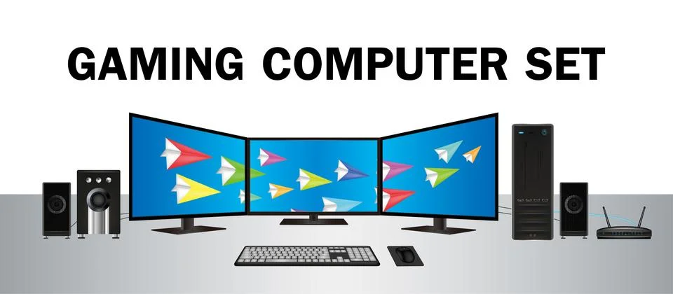 Gaming desktop computer set with multi monitor Stock Illustration