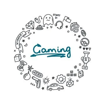 Gaming doodle set. Virtual reality, computers, game genres and related objects Stock Illustration