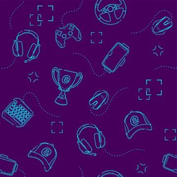 Gaming gadgets seamless pattern, outline. Esports, pc and console games. Line Stock Illustration