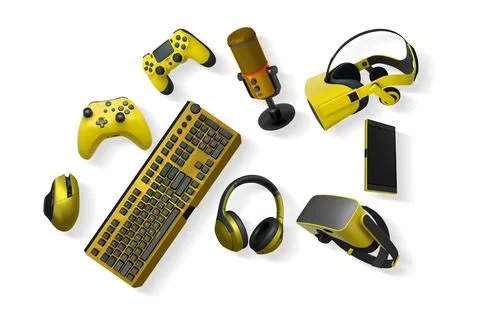 Gaming gear assortment with controllers, keyboard, headset, mouse, and mic Stock Illustration