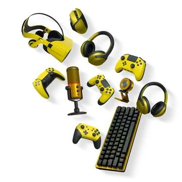 Gaming gear assortment with controllers, keyboard, headset, mouse, and mic Stock Illustration