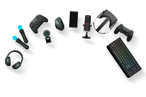 Gaming gear assortment with controllers, keyboard, headset, mouse, and mic Stock Illustration