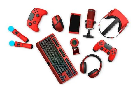 Gaming gear assortment with controllers, keyboard, headset, mouse, and mic Stock Illustration