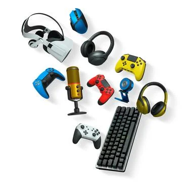 Gaming gear assortment with controllers, keyboard, headset, mouse, and mic Stock Illustration