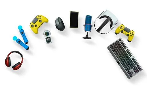 Gaming gear assortment with controllers, keyboard, headset, mouse, and mic Stock Illustration