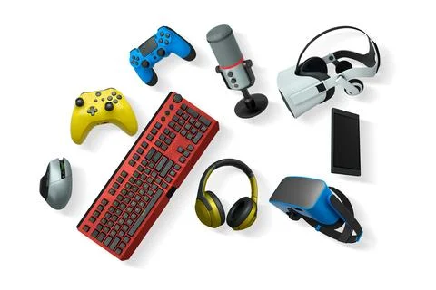 Gaming gear assortment with controllers, keyboard, headset, mouse, and mic is Stock Illustration