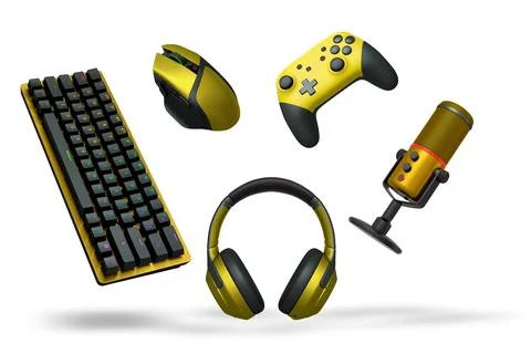 Gaming gear like keyboard, mouse, controller, headphones, and microphone Stock Illustration