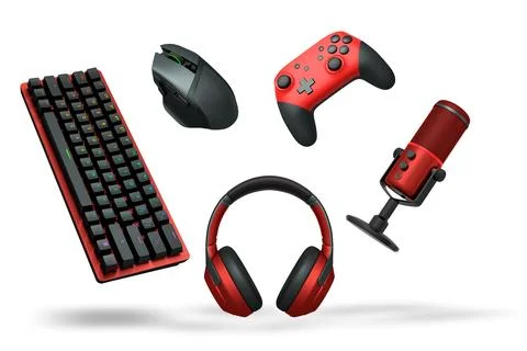 Gaming gear like keyboard, mouse, controller, headphones, and microphone Stock Illustration