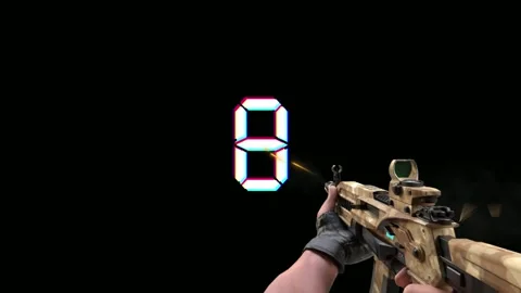 Gaming Glitch Countdown Timer and First Person Shooter Rifle on Black Background Stock Footage 334364326