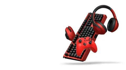Gaming headset, console controller, ergonomic mouse, and RGB keyboard isolated Stock Illustration