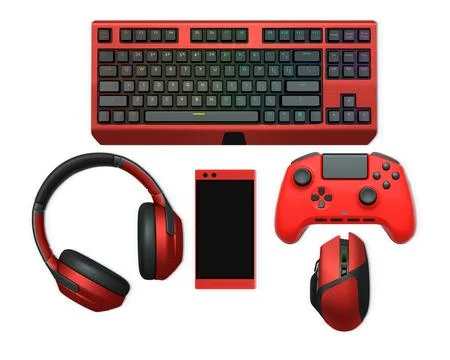Gaming headset, console controller, ergonomic mouse, and RGB keyboard isolated Stock Illustration