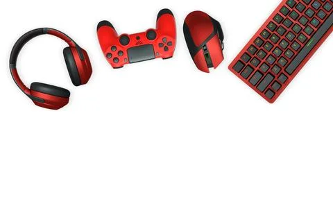 Gaming headset, console controller, ergonomic mouse, and RGB keyboard isolated Stock Illustration