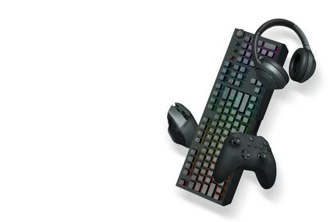 Gaming headset, console controller, ergonomic mouse, and RGB keyboard isolated Stock Illustration