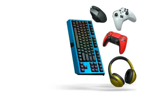 Gaming headset, console controller, ergonomic mouse, and RGB keyboard isolated Stock Illustration