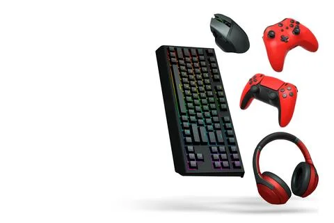 Gaming headset, console controller, ergonomic mouse, and RGB keyboard isolated Stock Illustration