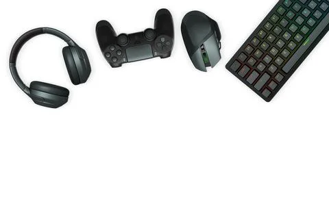 Gaming headset, console controller, ergonomic mouse, and RGB keyboard isolated Stock Illustration