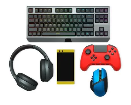 Gaming headset, console controller, ergonomic mouse, and RGB keyboard isola.. Stock Illustration