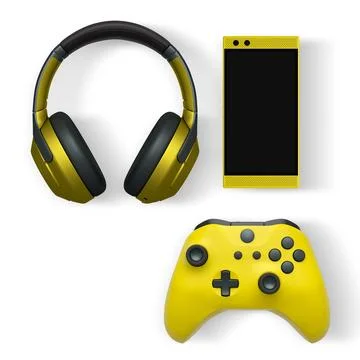 Gaming headset, smartphone, and controller arranged neatly isolated on white Stock Illustration
