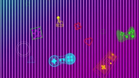 Gaming icons and controllers over colorful vertical lines animation Video stock 306339804