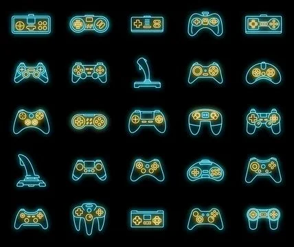 Gaming joystick icons set vector neon Illustrazione stock