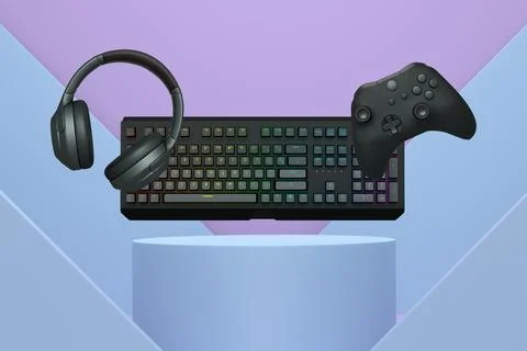 Gaming keyboard, controller, and headphones float in air on pastel background Stock Illustration