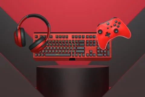 Gaming keyboard, controller, and headphones float in air on pastel backgrou.. Stock Illustration